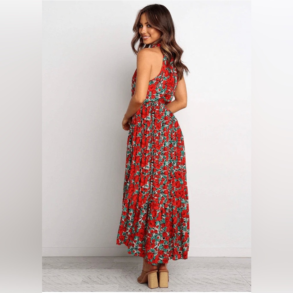 Ebby & I Midi Dress Floral Red Poppy Halter Neck Tie Waist Boho Size S 8 - Picture 4 of 16